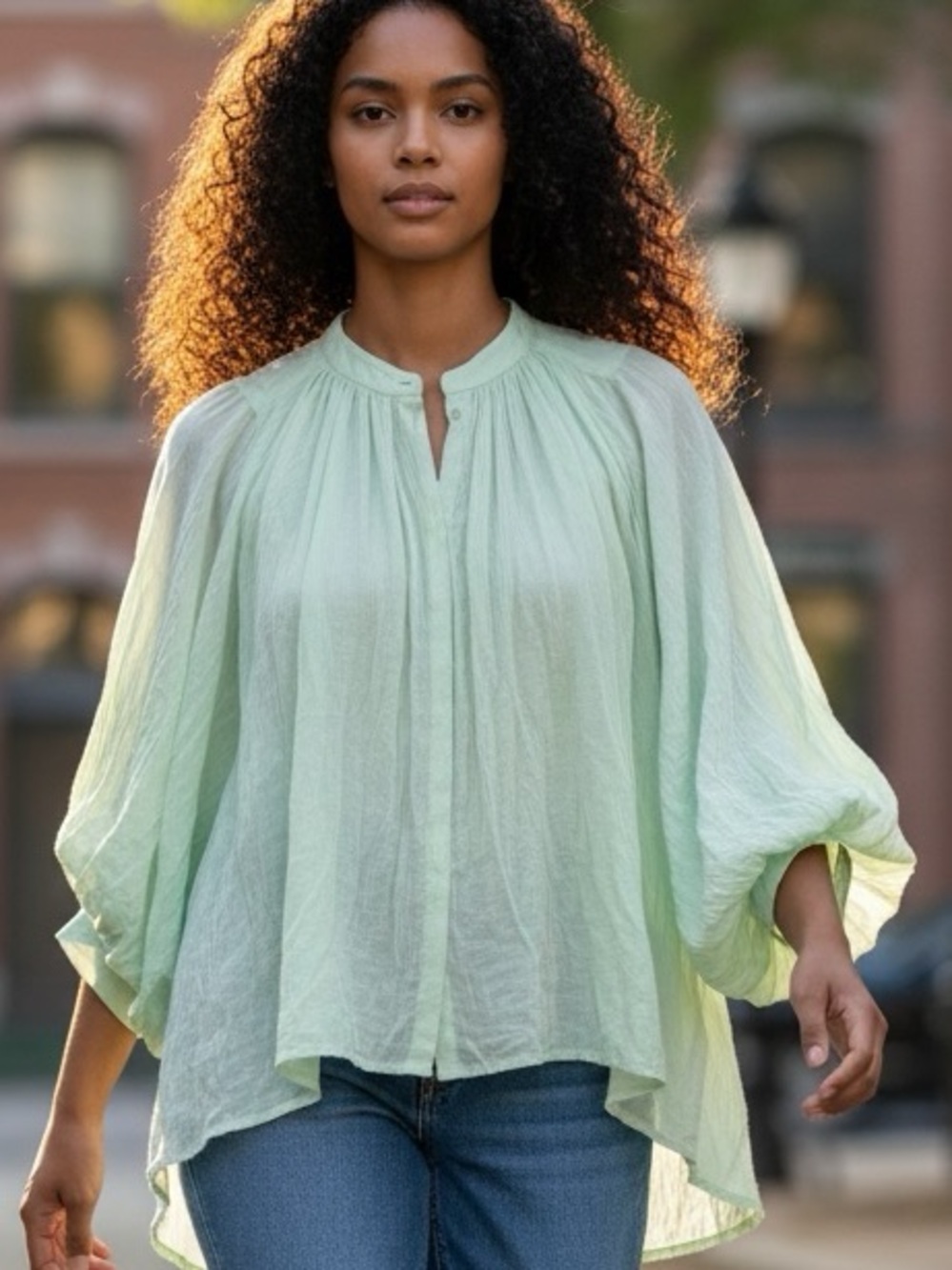 Light Green Button-Front Peasant Blouse